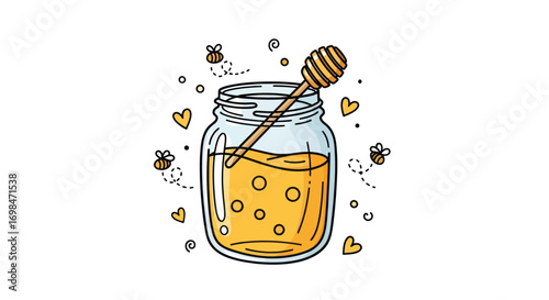 Sweet cartoon honey jar with dipper, buzzing bees, and golden liquid.
