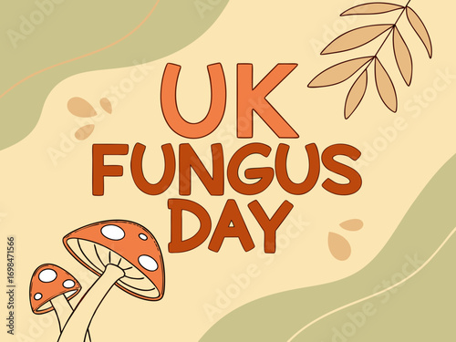 Celebrate UK Fungus Day A Whimsical Illustration Featuring Mushrooms and Autumnal Foliage on a Pale Yellow Background