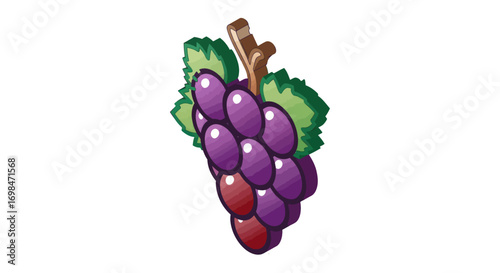 Bunch of Purple Grapes with Green Leaves and Brown Stem.