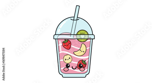 Adorable Cartoon Fruit Smoothie in Plastic Cup.
