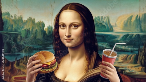 Mona Lisa, iconic figure in art, holds a burger in one hand and a drink in the other, blending classic and modern themes in a tranquil landscape background