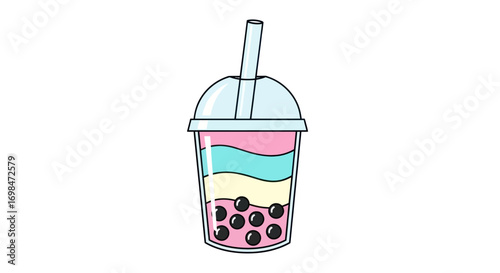 Colorful layered bubble tea drink with tapioca pearls and straw in a plastic cup.