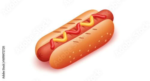 Delicious Hot Dog with Mustard and Ketchup on a Bun.