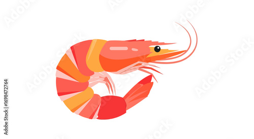 Cartoon Shrimp with Orange and Red Stripes, Curled Body, and Long Antennae.