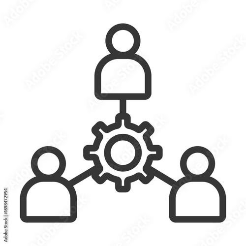 
outline icon single team with three person design and there is a gear in the middle