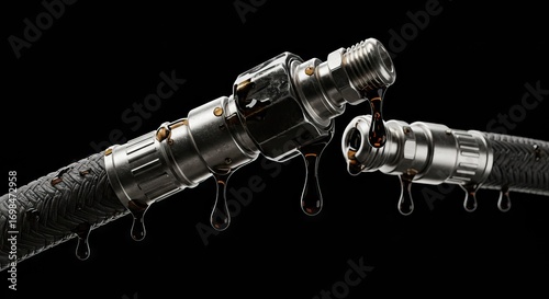 Two silver metal hoses with black liquid leaking from them on a black background