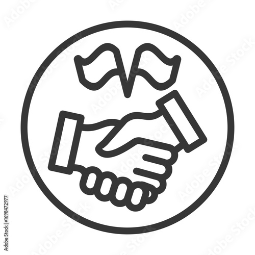 
outline icon single alliance with handshake design and flag in the middle''
