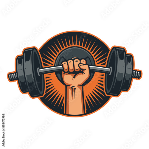 Sports center advertising poster made using disc weight dumbbell and kettle bell sport fitness and power lifting equipment.