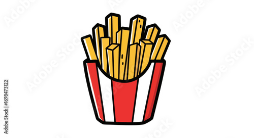 A vibrant illustration of a red and white striped carton filled with golden french fries.