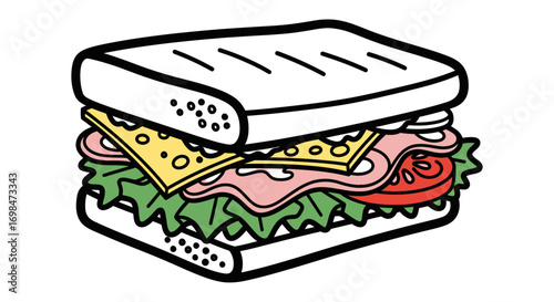 Cartoon Sandwich with Ham, Cheese, Lettuce, and Tomato.