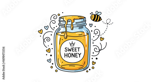 Glass Jar of Sweet Honey with Dripping Honey and Bee.