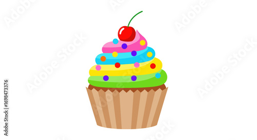 Vibrant Cartoon Cupcake with Colorful Frosting, Sprinkles, and a Cherry.