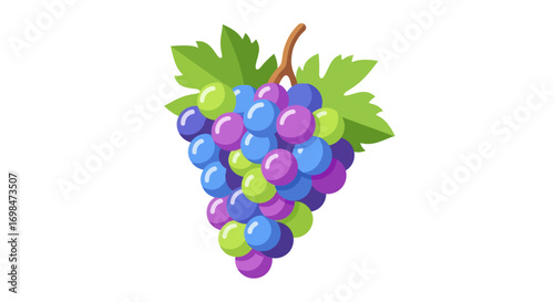 Vibrant cartoon grape bunch with colorful berries and green leaves.