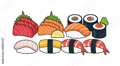 Assortment of Fresh Sushi and Sashimi Dishes.