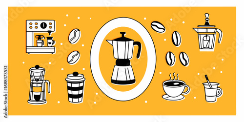 A vibrant collection of coffee making tools and beverages illustrated in a clean modern graphic style on a warm yellow background