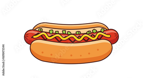 Cartoon Hot Dog with Mustard and Relish in a Bun.
