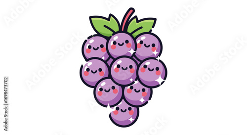 A cute cartoon bunch of purple grapes with adorable smiling faces and sparkling eyes.