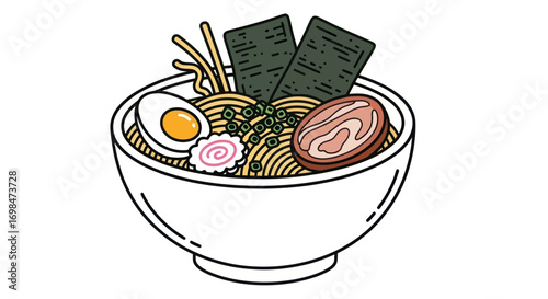 Delicious Ramen Bowl with Egg, Seaweed, and Meat Toppings.