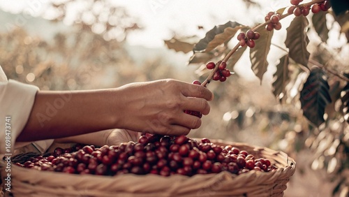 Εκτύπωση καμβά Banner hands harvest red seed in basket robusta arabica plant farm