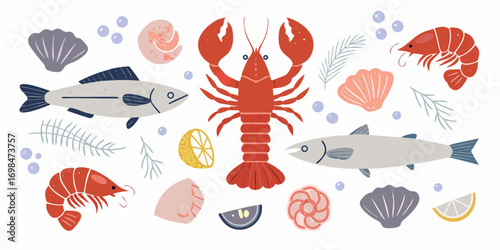 A vibrant collection of fresh seafood illustrations including lobster shrimp fish shells and lemon slices