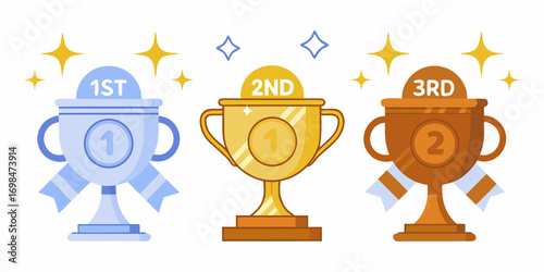 First second and third place trophies with ribbons and sparkles celebrating victory and achievement