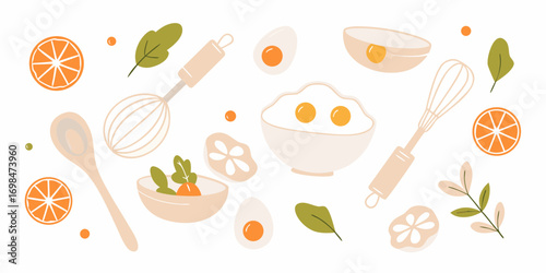 Whimsical kitchen illustration featuring eggs oranges rolling pin whisk and fresh ingredients for cooking and baking