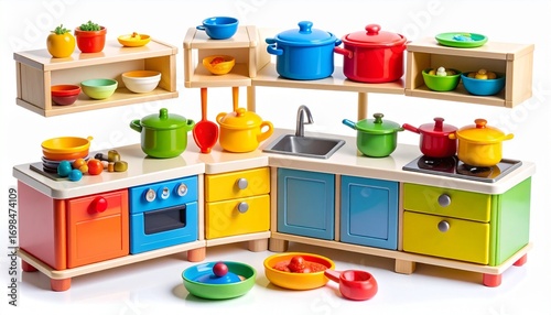 Complete plastic toy kitchen set with miniature stove sink utensils colorful pots pans and pretend play food items designed for educational role play isolated on white background
