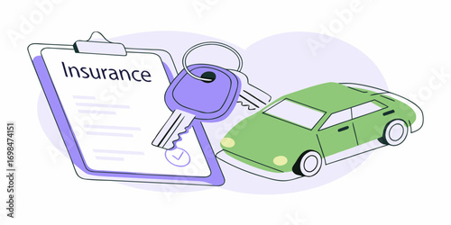 Car insurance policy document with keys and a green automobile illustration