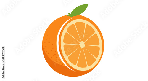Vibrant Sliced Orange Fruit Illustration with Green Leaf.