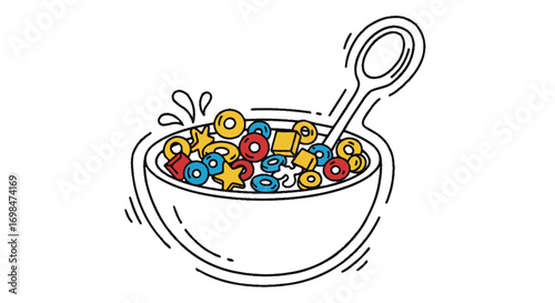 Whimsical Bowl of Colorful Cereal with Spoon and Splash.