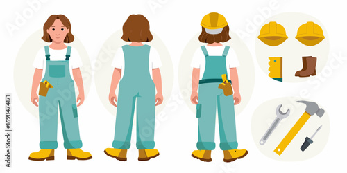Female construction worker from front back and side views with tools and safety equipment