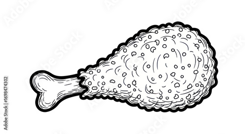 Hand-drawn fried chicken drumstick line art illustration, crispy texture, bone visible, fast food concept.