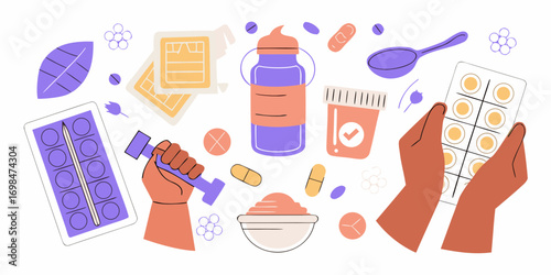 Illustration of health and wellness items including pills vitamins water bottle and a hand holding a pill pack