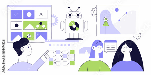 Team collaborating on a digital project with a robot assistant and data visualization