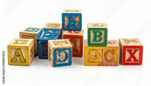 Wooden alphabet learning blocks with carved letters painted in multiple colors sturdy construction classic educational toy for toddlers to recognize letters numbers and shapes isolated on white backgr