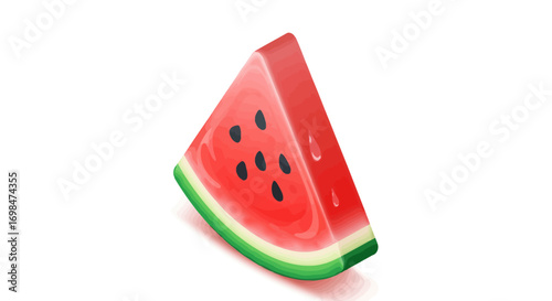 A glossy, stylized 3D illustration of a triangular slice of watermelon with black seeds.