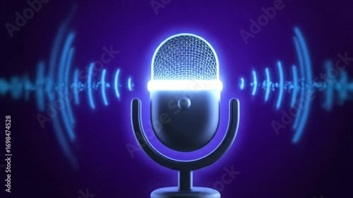 Animated microphone icon — microphone glowing with sound waves expanding, podcast and live streaming concept.