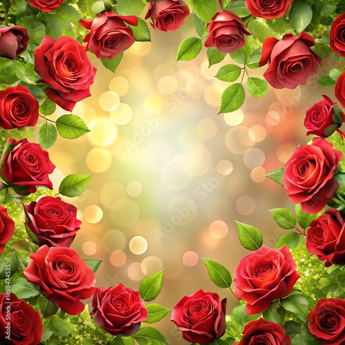 Vibrant red roses border with soft golden bokeh background for romantic designs