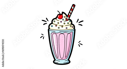 Delicious Pink Strawberry Milkshake with Whipped Cream and Cherry Topping.