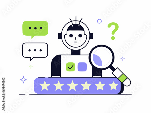 Robot analyzing customer feedback with a magnifying glass and star ratings to improve service