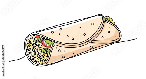 Hand-drawn illustration of a delicious filled burrito.