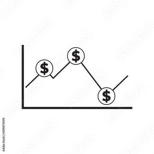 Minimalist vector illustration of dollar cost averaging (DCA) concept showing market fluctuations with dollar symbols on a line chart, perfect for finance, investment, and stock market themes.