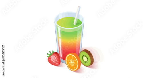 Colorful Layered Smoothie in Glass with Fruit.