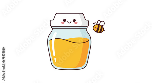 Cute Honey Jar with Smiling Lid and a Small Bee Flying Nearby.