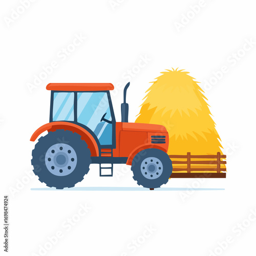 Tractor with hay. Farm and agriculture. Flat dried haystack in wagon and suck, hayloft.