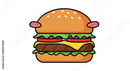Cartoon-Style Double Cheeseburger with Sesame Seed Bun.
