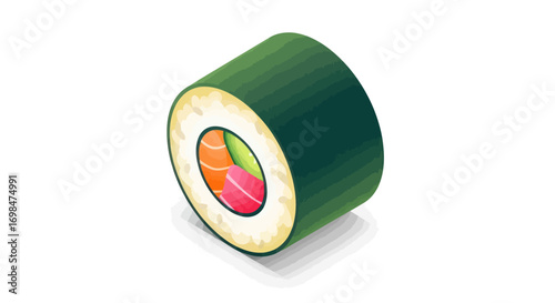 Fresh Salmon and Avocado Sushi Roll with Dark Green Nori Wrapper.