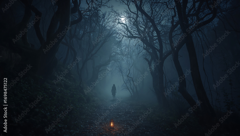 Fototapeta premium Eerie Forest Path A Lone Figure Navigating Through the Misty Darkness with a Glowing Lantern Leading the Way