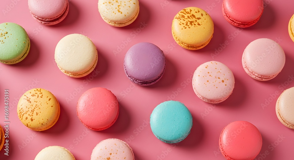 Obraz premium Colorful macarons on pink surface overhead view of sweet treats