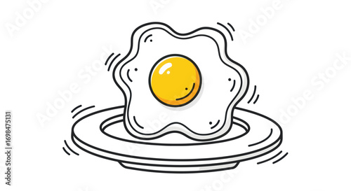 Cartoon Fried Egg on a Plate with Yellow Yolk.